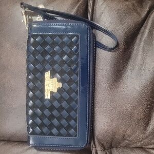 Designer style Fashion wallet woven clutch wristlet navy gold